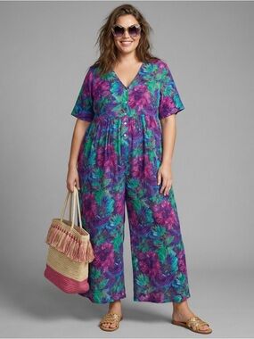 Vintage Floral Gauze Plus Size Jumpsuit Purple Teal Wide leg romper Resortwear